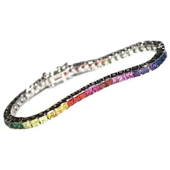 Princess Cut Covenant Gods Promise Over the Rainbow Colorful Cz Tennis Bracelet - Picture 7 of 11